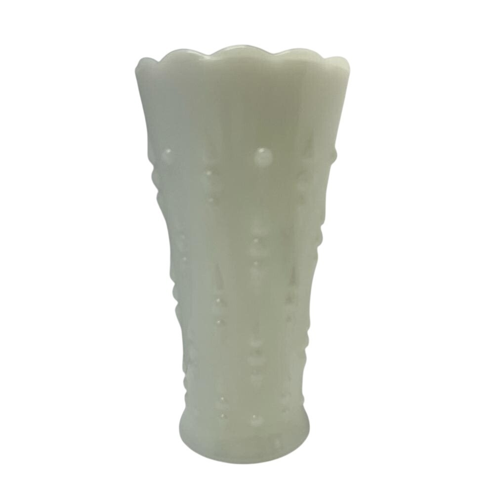 Vintage White Milk Glass Scalloped Vase Beaded Teardrop Pattern MCM 9 Inch‎